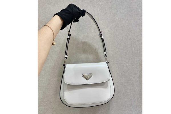 Replica Prada 1BD303 Prada Cleo brushed leather shoulder bag with flap in White brushed leather