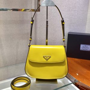 Replica Prada 1BD303 Prada Cleo brushed leather shoulder bag with flap in Yellow brushed leather