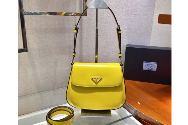 Replica Prada 1BD303 Prada Cleo brushed leather shoulder bag with flap in Yellow brushed leather