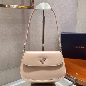 Replica Prada 1BD311 Prada Cleo brushed leather shoulder bag with flap in Sand brushed leather