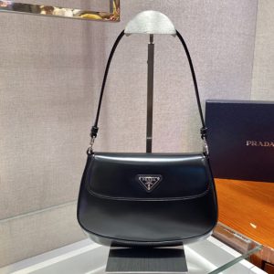 Replica Prada 1BD311 Prada Cleo brushed leather shoulder bag with flap in Black brushed leather