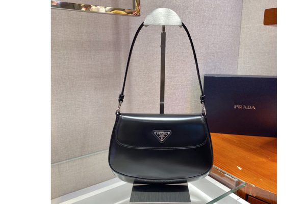 Replica Prada 1BD311 Prada Cleo brushed leather shoulder bag with flap in Black brushed leather