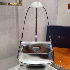 Replica Prada 1BD311 Prada Cleo brushed leather shoulder bag with flap in Silver brushed leather