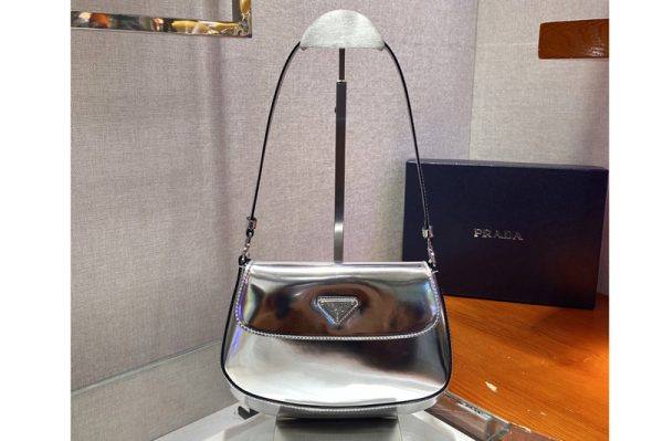 Replica Prada 1BD311 Prada Cleo brushed leather shoulder bag with flap in Silver brushed leather