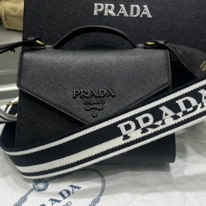 Replica Prada 1BD317 Prada Monochrome Saffiano and leather bag in Black Leather