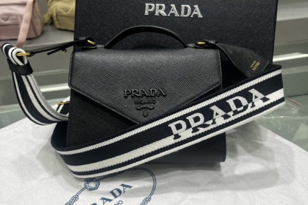 Replica Prada 1BD317 Prada Monochrome Saffiano and leather bag in Black Leather