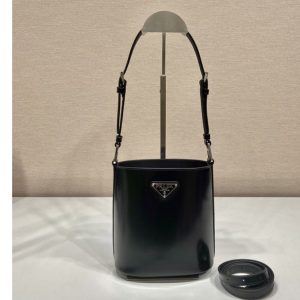 Replica Prada 1BE059 Mini brushed-leather bucket bag in Black Leather