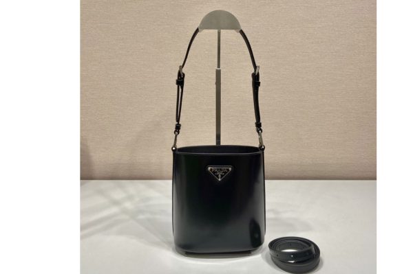 Replica Prada 1BE059 Mini brushed-leather bucket bag in Black Leather