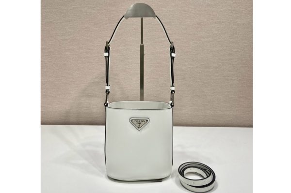 Replica Prada 1BE059 Mini brushed-leather bucket bag in White Leather