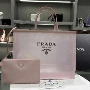 Replica Prada 1BG416 Sequined mesh tote bag in Pink Fabric/Leather