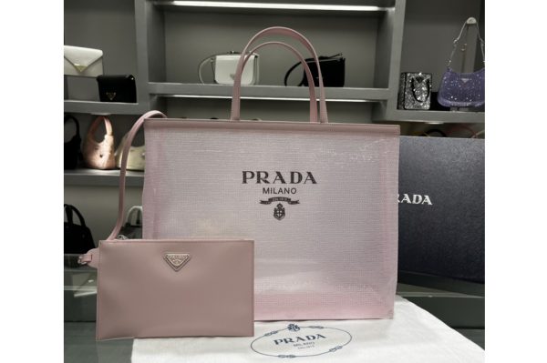 Replica Prada 1BG416 Sequined mesh tote bag in Pink Fabric/Leather