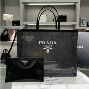 Replica Prada 1BG416 Sequined mesh tote bag in Black Fabric/Leather