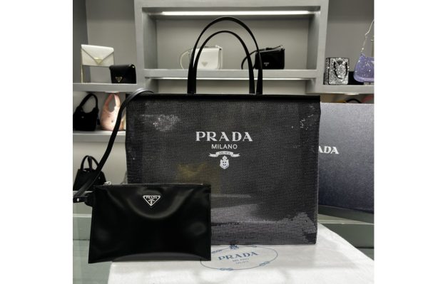 Replica Prada 1BG416 Sequined mesh tote bag in Black Fabric/Leather