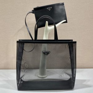 Replica Prada 1BG416 Sequined mesh tote bag in Black Fabric/Leather