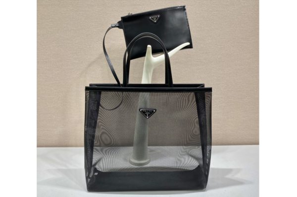 Replica Prada 1BG416 Sequined mesh tote bag in Black Fabric/Leather