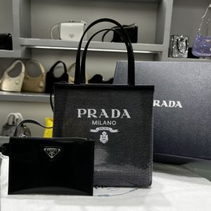 Replica Prada 1BG417 Small sequined mesh tote bag in Black Fabric/Leather