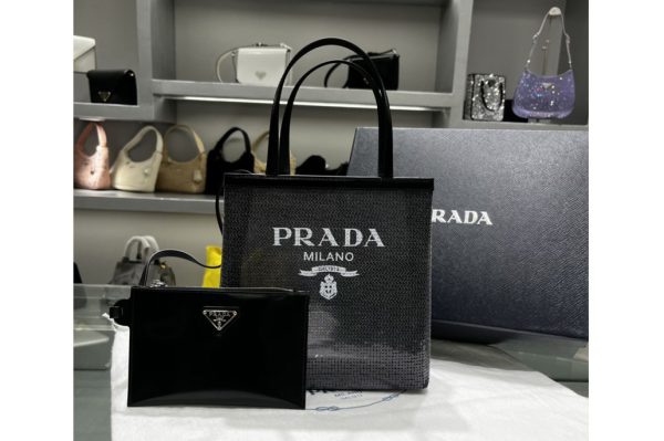 Replica Prada 1BG417 Small sequined mesh tote bag in Black Fabric/Leather