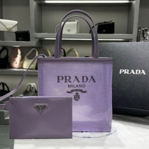 Replica Prada 1BG417 Small sequined mesh tote bag in Lily Fabric/Leather