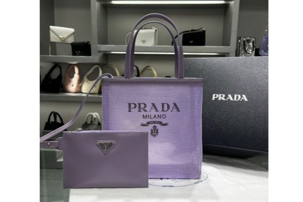 Replica Prada 1BG417 Small sequined mesh tote bag in Lily Fabric/Leather