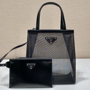 Replica Prada 1BG417 Small sequined mesh tote bag in Black Fabric/Leather