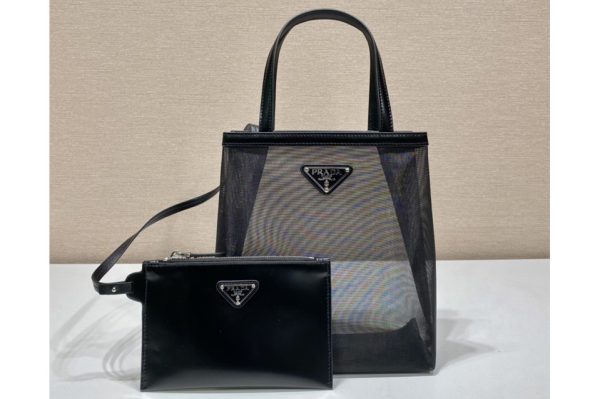 Replica Prada 1BG417 Small sequined mesh tote bag in Black Fabric/Leather