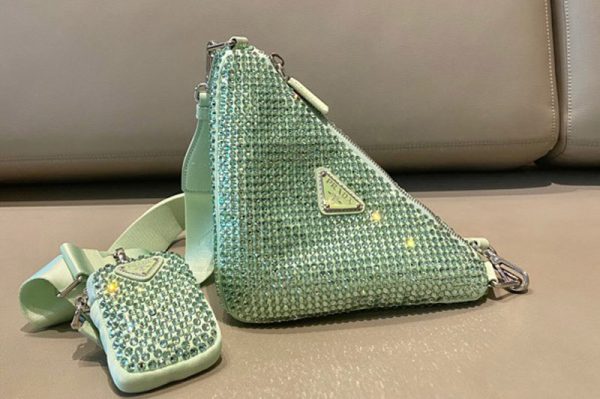 Replica Prada 1BH190 Prada Triangle shoulder bag with artificial crystals On Green Nylon