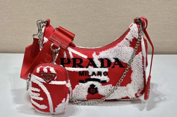 Replica Prada 1BH204 Prada Re-Edition 2006 embroidered drill shoulder bag in Red/White Fabric