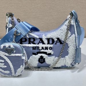 Replica Prada 1BH204 Prada Re-Edition 2006 embroidered drill shoulder bag in Sky Blue/White Fabric