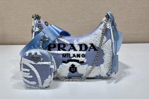 Replica Prada 1BH204 Prada Re-Edition 2006 embroidered drill shoulder bag in Sky Blue/White Fabric