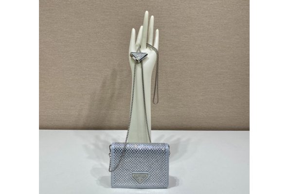 Replica Prada 1MR024 Cardholder with shoulder strap and crystals on Silver