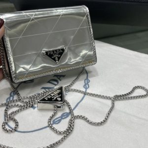 Replica Prada 1MR028 Metallic leather card holder with shoulder strap in Silver Leather