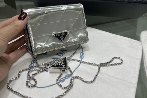 Replica Prada 1MR028 Metallic leather card holder with shoulder strap in Silver Leather