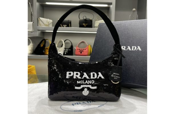 Replica Prada 1NE515 Re-Edition 2000 sequined Re-Nylon mini-bag in Black/White Fabric