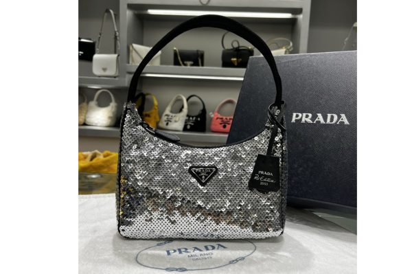 Replica Prada 1NE515 Re-Edition 2000 sequined Re-Nylon mini-bag in Silver Fabric