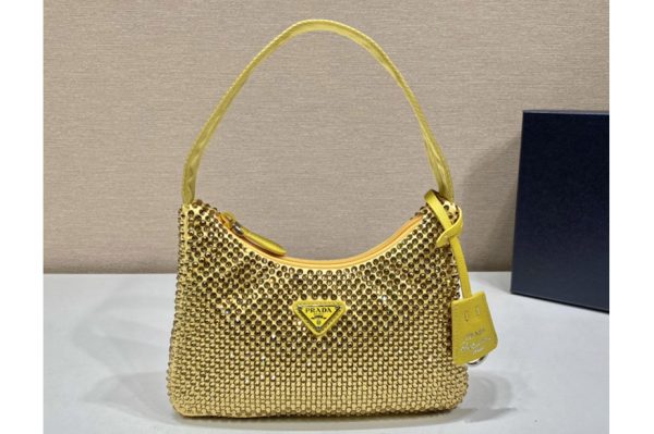 Replica Prada 1NE515 Satin mini-bag with artificial crystals in Yellow Fabric