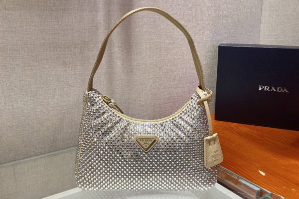 Replica Prada 1NE515 Satin mini-bag with artificial crystals in Apricot Fabric