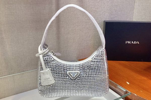 Replica Prada 1NE515 Satin mini-bag with artificial crystals in White Fabric