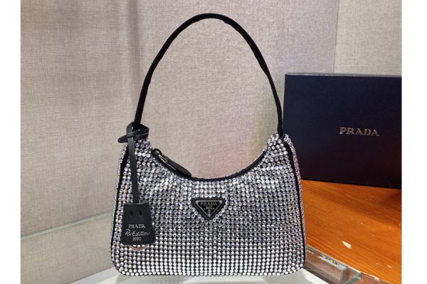 Replica Prada 1NE515 Satin mini-bag with artificial crystals in Black Fabric