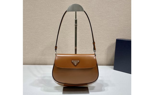 Replica Prada 1BD311 Prada Cleo brushed leather shoulder bag with flap in Brown Leather