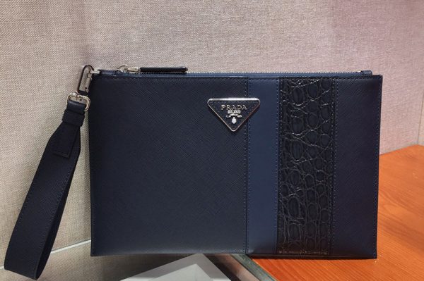 Replica Prada 2NG005G Saffiano Leather Clutch in Navy Blue/Blue Leather