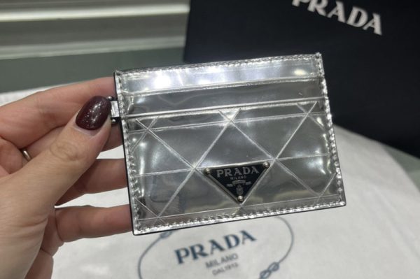 Replica Prada 2TL440 Brushed leather credit card holder in Silver Leather