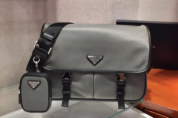 Replica Prada 2VD768 Nylon and Saffiano Leather Bag with Strap in Gray nylon