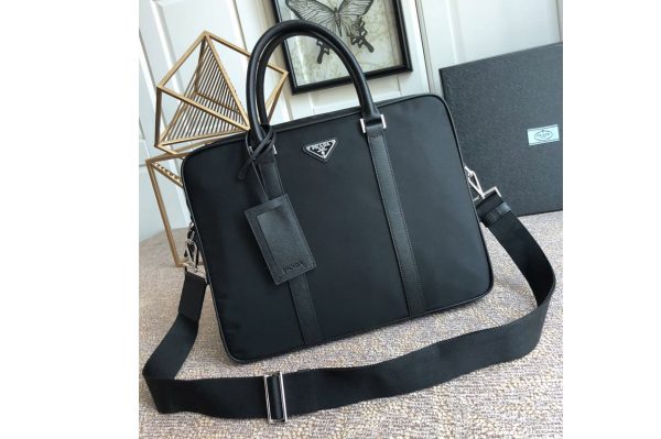 Replica Prada 2VE0891 Re-Nylon and Saffiano leather briefcase Bag in Black Nylon and Leather