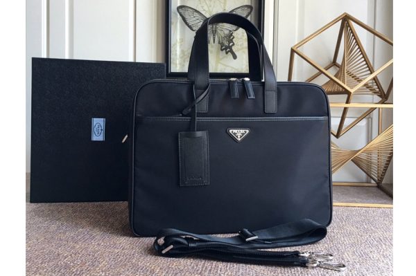 Replica Prada 2VE407 Re-Nylon and Saffiano leather briefcase Bag in Black Nylon and Leather