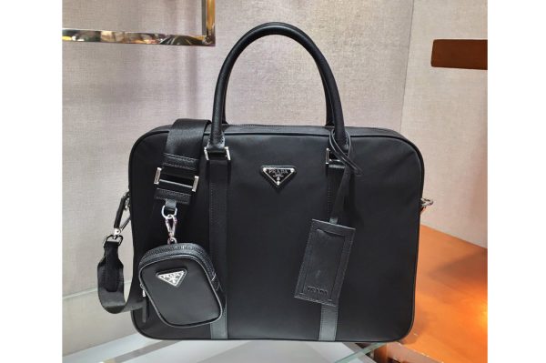 Replica Prada 2VE871 Re-Nylon and Saffiano leather briefcase Bag in Black Nylon and Leather