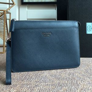 Replica Prada 2VF019 Prada Saffiano Leather Pouch in Blue Leather