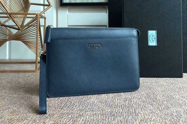 Replica Prada 2VF019 Prada Saffiano Leather Pouch in Blue Leather