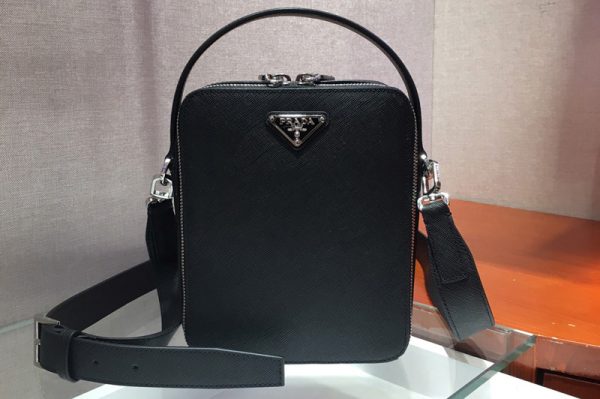 Replica Prada 2VH066 Saffiano Leather Prada Brique Bag in Black Leather