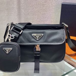 Replica Prada 2VH133 Re-Nylon and Saffiano leather shoulder bag in Black nylon