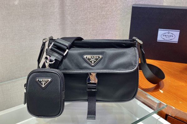 Replica Prada 2VH133 Re-Nylon and Saffiano leather shoulder bag in Black nylon